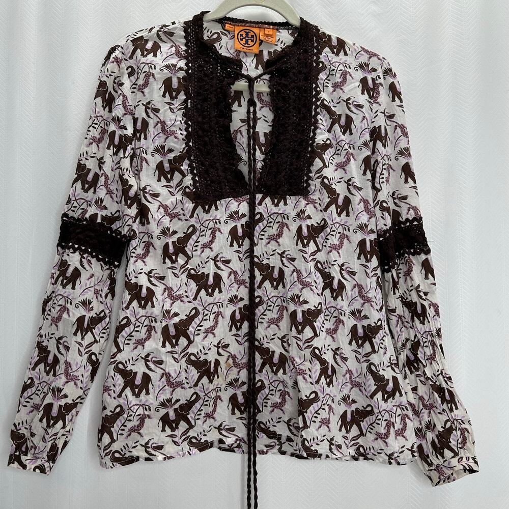 Tory Burch boho blouse crochet elephant tigers whimsy